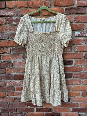 A Hint of Blush Yellow Floral Print Dress Smocked Bodice Ruffle Square Neck 1X